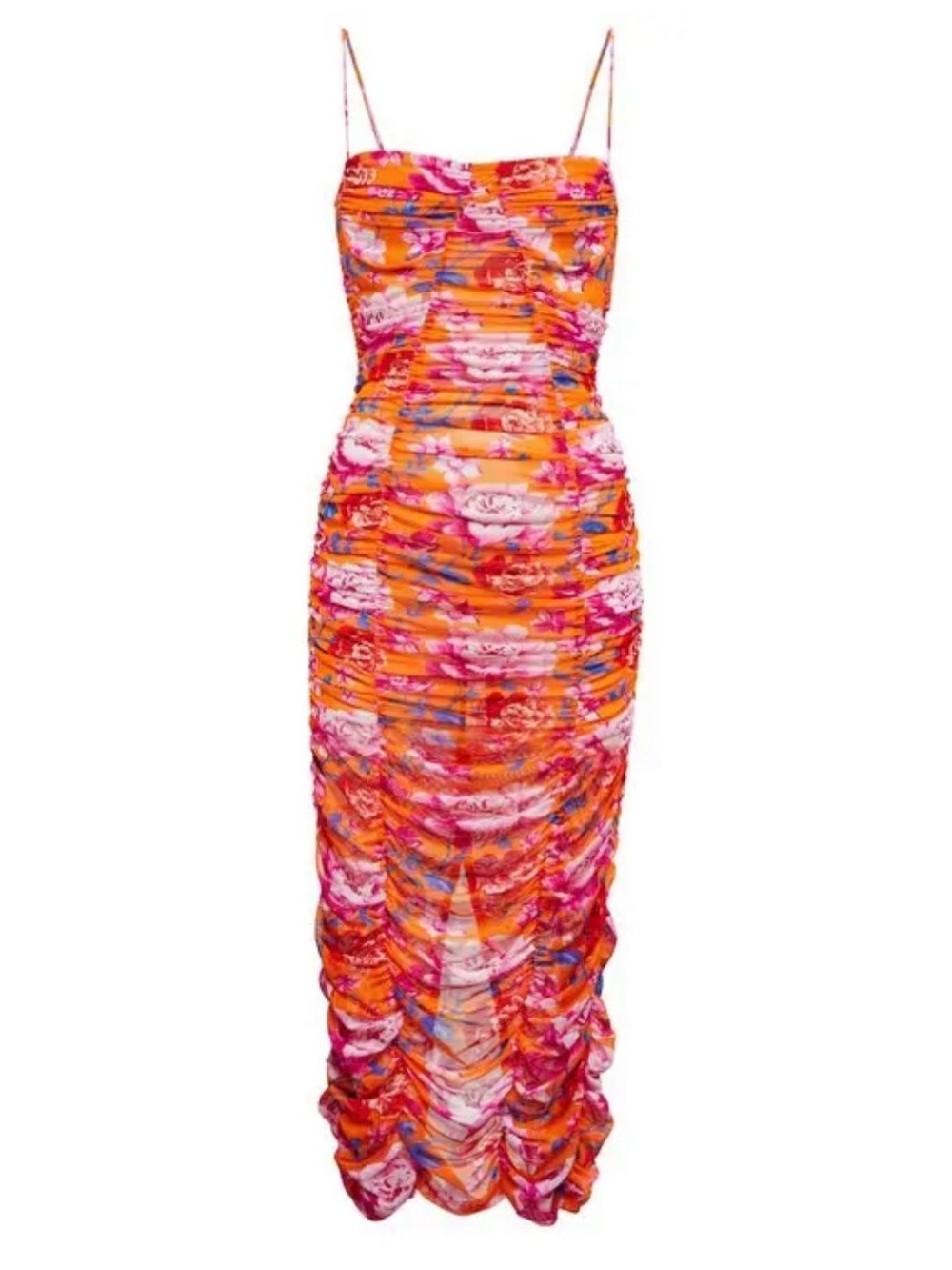 Magda Butrym - brand new Floral Ruched Orange Pink Spaghetti-Strap Midi Dress